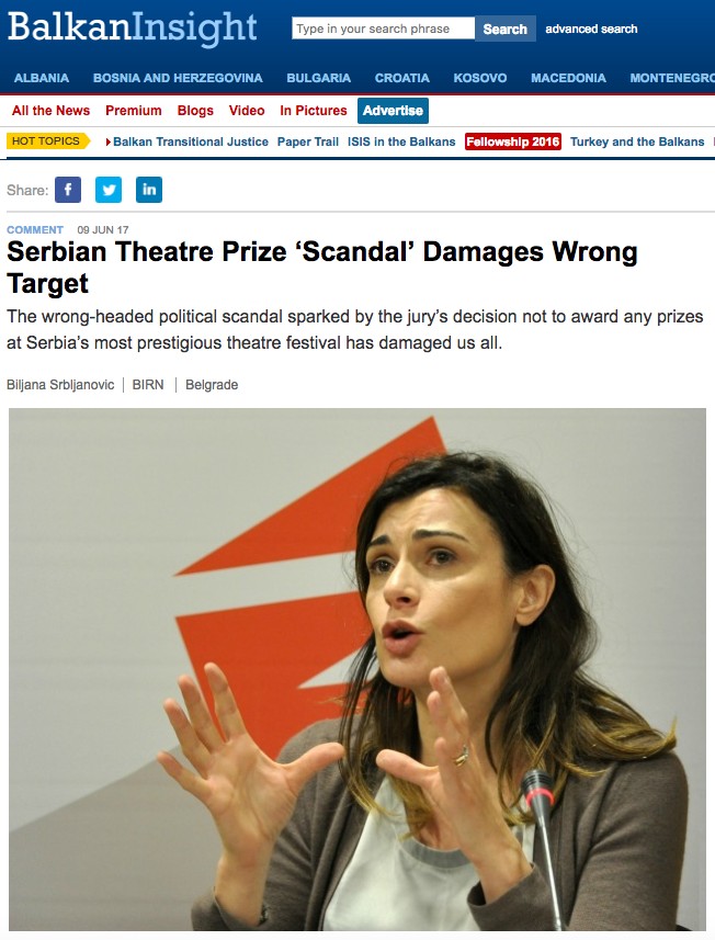 Biljana Srbljanović: Odluka da se ne dodeli niti jedna nagrada nije dobra ni po pozorište, ni po kulturu, ni za društvo u celini.